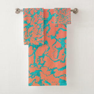 Wild Marble 6 - Living Coral and Turquoise Bath Towel Set