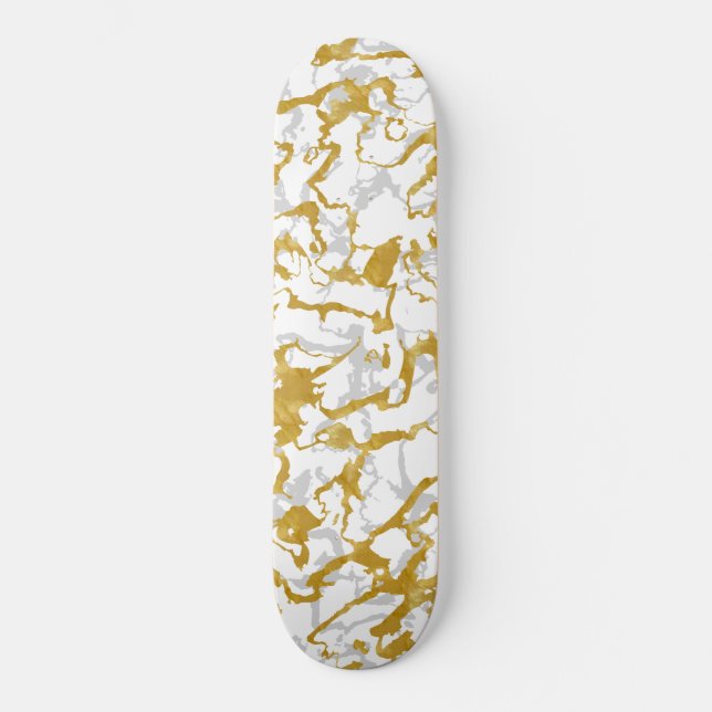 Wild Marble 9 - White and Gold,Grey Skateboard (Front)