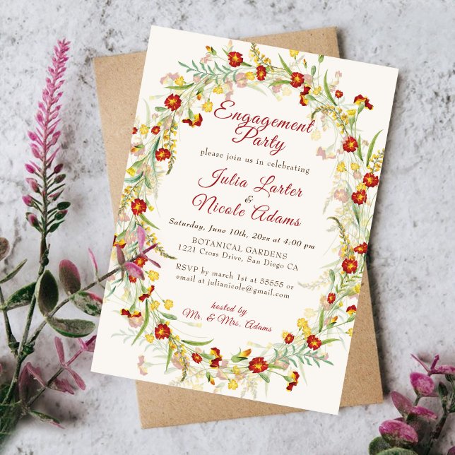 Wild Marigold Flowers Foliage Engagement Party Invitation (Creator Uploaded)
