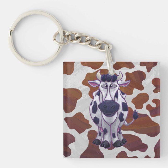 Wild me Cow Brown and White Print Key Ring (Front)