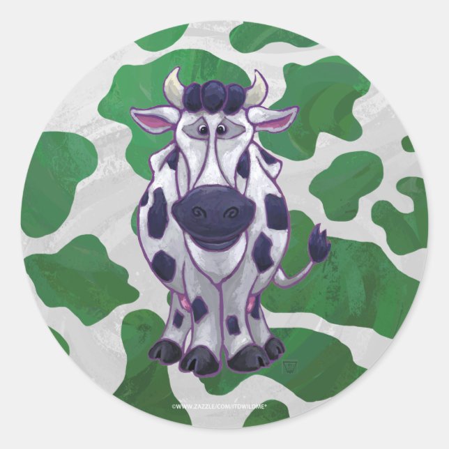 Wild Me Cow Green and White Print Classic Round Sticker (Front)