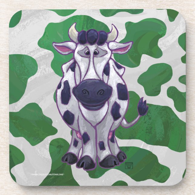Wild Me Cow Green and White Print Coaster (Front)