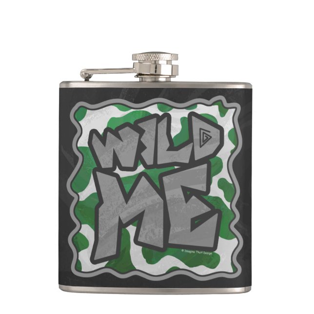 Wild Me Cow Green and White Print Hip Flask (Front)