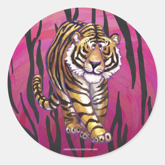 Wild Me Tiger Black and Pink Classic Round Sticker (Front)