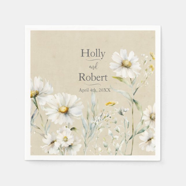 Wild Meadow Daisy Kraft Floral Wedding Napkin (Front)