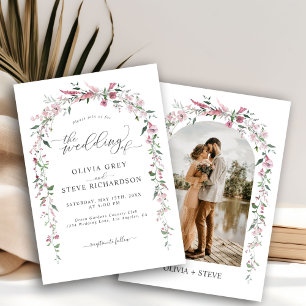 Wild Meadow Dusty Pink Floral Arch Photo Wedding Invitation