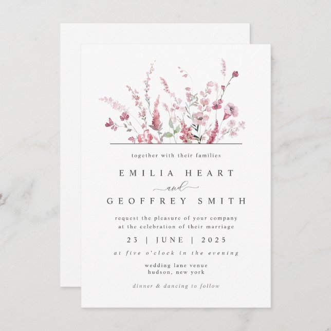 Wild Meadow Flower Dusty Rose Pink Minimal Wedding Invitation (Front/Back)