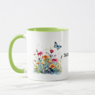 Wild Meadow Flowers with butterfly - editable name Mug