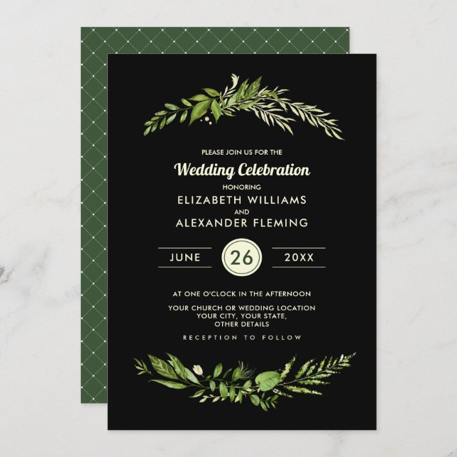 Wild Meadow Green Black Botanical Wedding Invitation (Front/Back)