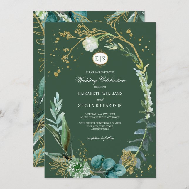 Wild Meadow | Green Botanical Geometric Wedding Invitation (Front/Back)