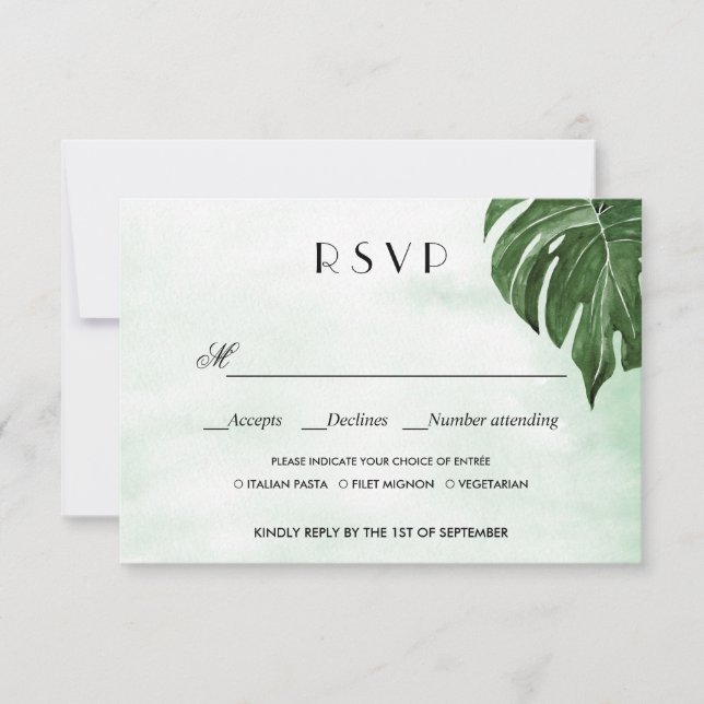 Wild monstera leaves WEDDING RSVP MEAL CHOICE Card (Front)