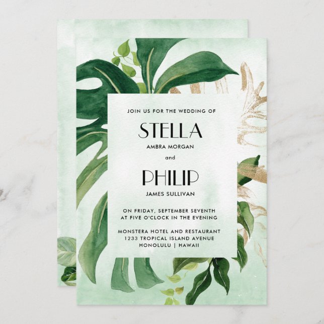 Wild  monstera tropical gold leaves wedding invitation (Front/Back)