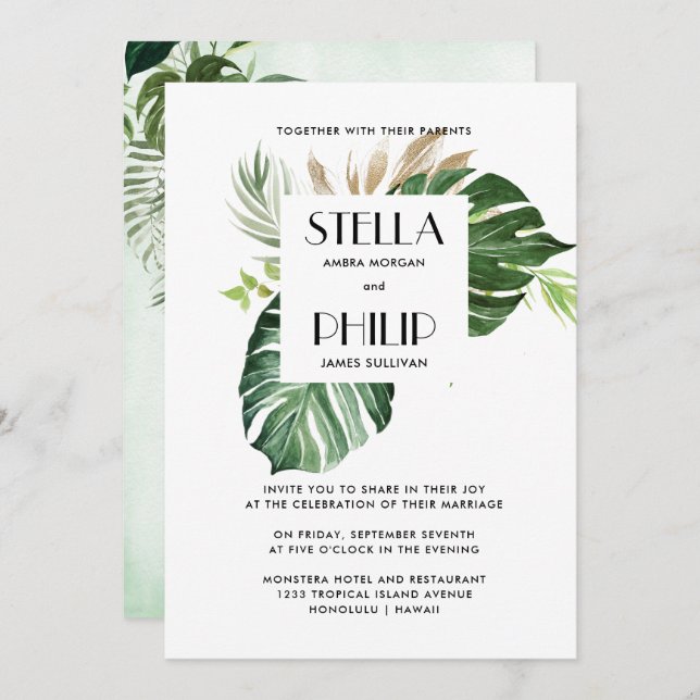Wild monstera tropical leaves geometric wedding invitation (Front/Back)