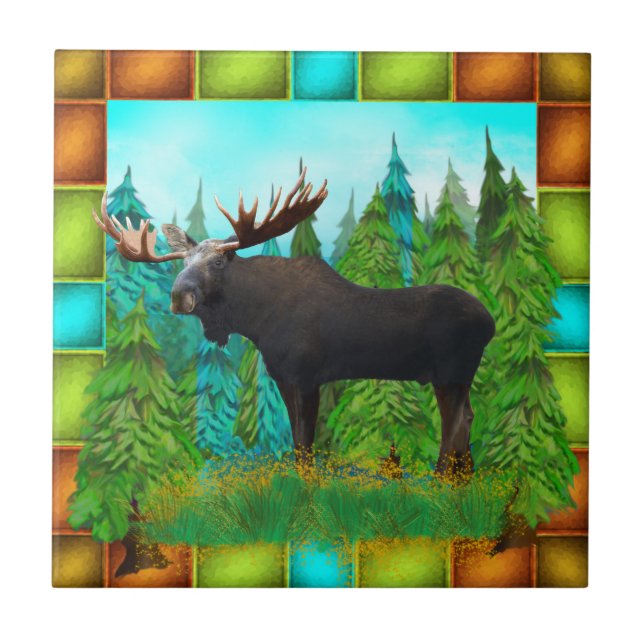 Wild Moose with big Antlers Ceramic Tile (Front)