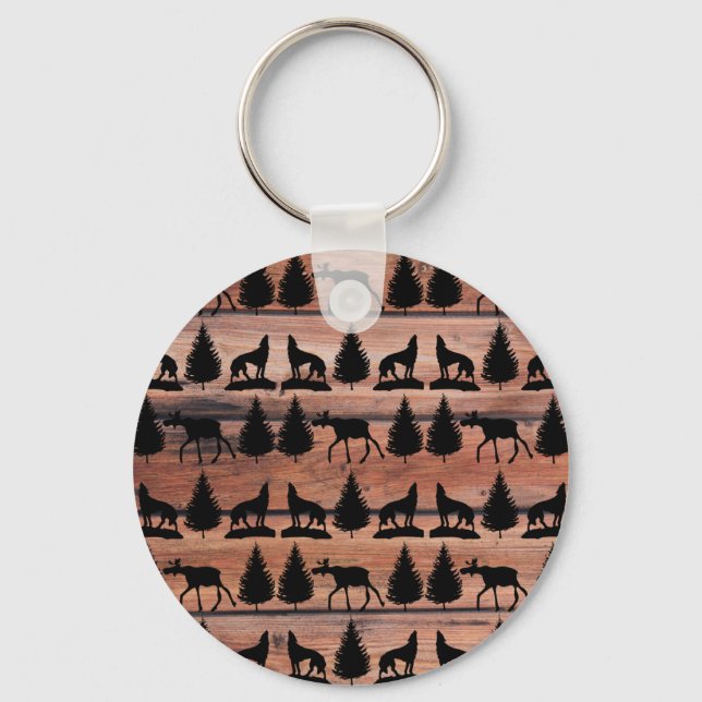 Wild Moose Wolf Wilderness Mountain Cabin Rustic Key Ring (Front)