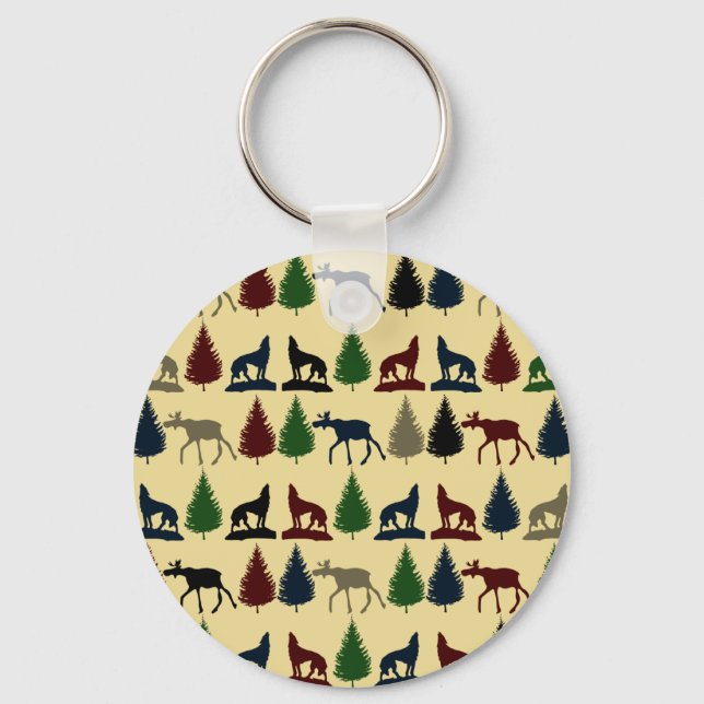 Wild Moose Wolf Wilderness Mountain Cabin Rustic Key Ring (Front)