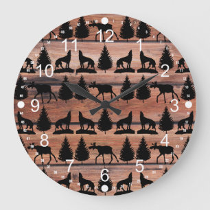 Wild Moose Wolf Wilderness Mountain Cabin Rustic Large Clock