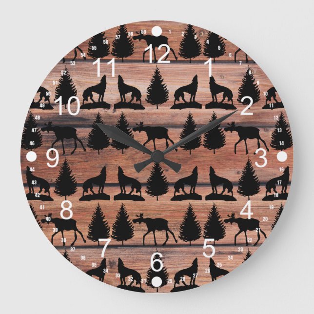Wild Moose Wolf Wilderness Mountain Cabin Rustic Large Clock (Front)