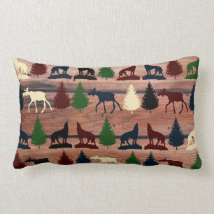 Wild Moose Wolf Wilderness Mountain Cabin Rustic Lumbar Cushion
