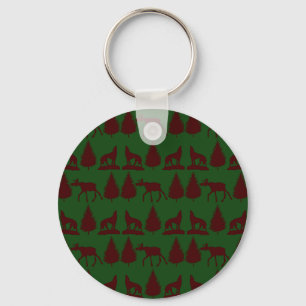 Wild Moose Wolves Pine Trees Rustic Green Maroon Key Ring