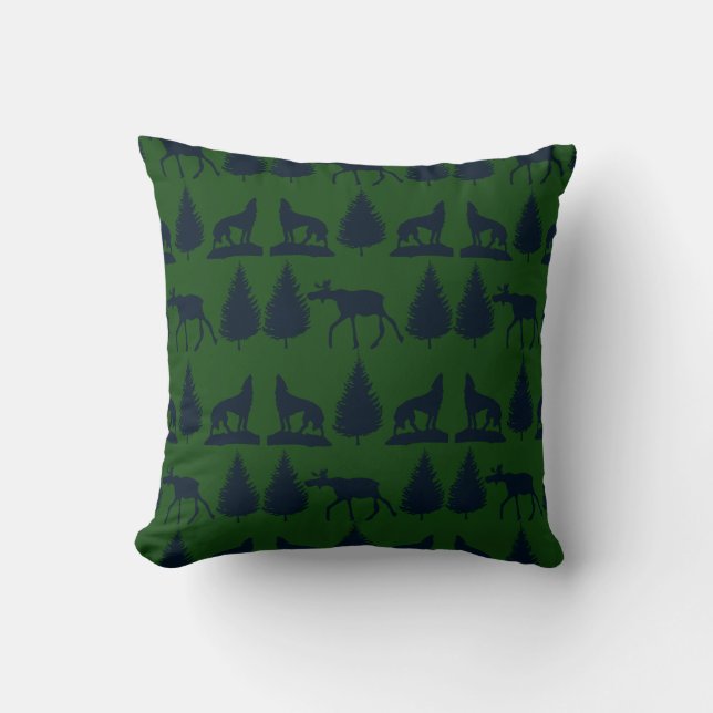 Wild Moose Wolves Pine Trees Rustic Green Navy Cushion (Front)