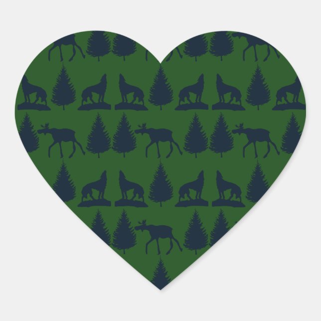 Wild Moose Wolves Pine Trees Rustic Green Navy Heart Sticker (Front)