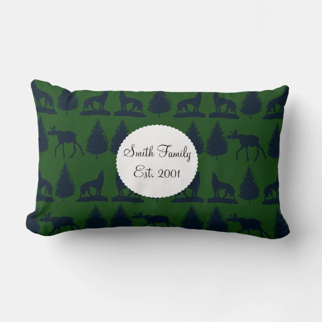 Wild Moose Wolves Pine Trees Rustic Green Navy Lumbar Cushion (Front)