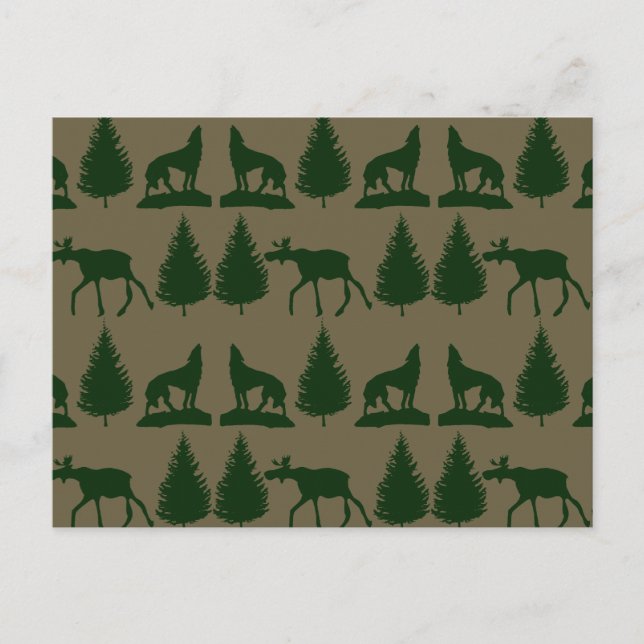 Wild Moose Wolves Pine Trees Rustic Tan Green Postcard (Front)