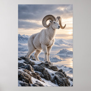 Wild Mountain Ram on Snowy Alpine Ridge Wildlife W Poster