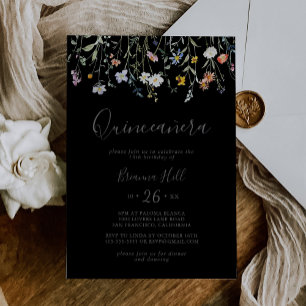 Wild Multicolor Floral Black Quinceañera Invitation