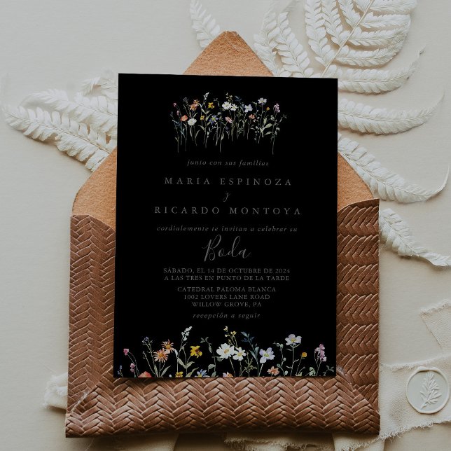 Wild Multicolor Floral Black Spanish Wedding Invitation (Creator Uploaded)
