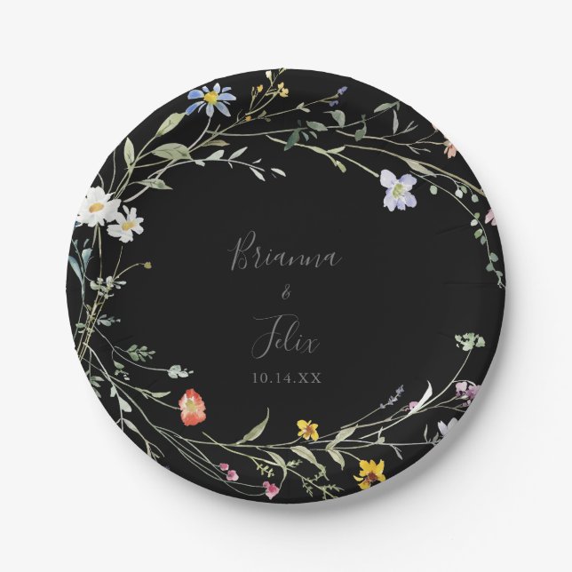 Wild Multicolor Floral Black Wedding Cake Paper Plate (Front)