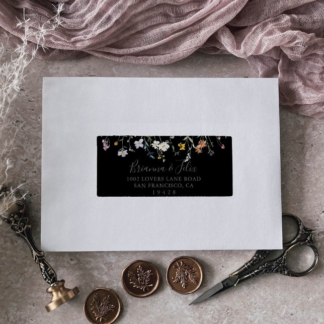 Wild Multicolor Floral Black Wedding RSVP Address Label (Creator Uploaded)