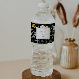 Wild Multicolor Floral Black Wedding Water Bottle Label