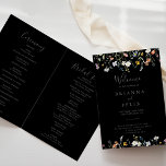 Wild Multicolor Floral Folded Black Wedding Program<br><div class="desc">This wild multicolor floral folded black wedding program is perfect for a rustic wedding. The design features watercolor pink,  blush,  purple,  navy and white elegant flowers with emerald green leaves in a dark background.

Include a quote or short message,  order of service,  wedding party and thank you message.</div>