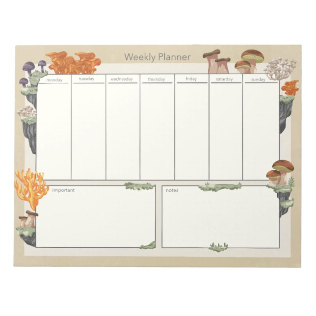 Wild Mushroom Medley Weekly Planner 8.5”x11” 50pg  Notepad (Front)
