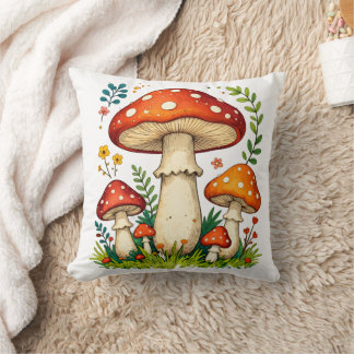 Wild mushrooms and flowers in grass forest nature cushion