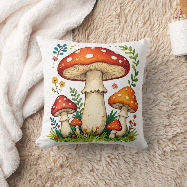 Wild mushrooms and flowers in grass forest nature cushion (Blanket)