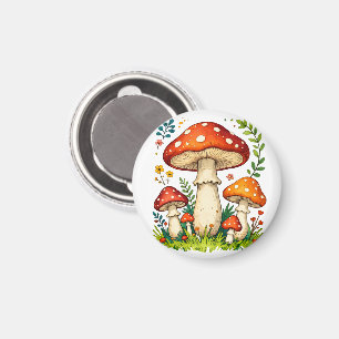 Wild mushrooms and flowers in grass forest nature magnet
