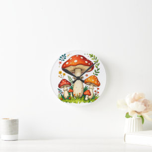 Wild mushrooms and flowers in grass forest nature round clock