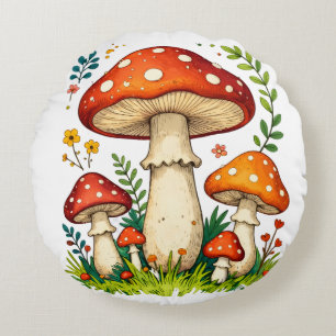 Wild mushrooms and flowers in grass forest nature round cushion