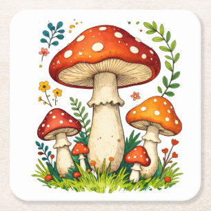 Wild mushrooms and flowers in grass forest nature square paper coaster