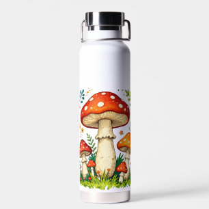 Wild mushrooms and flowers in grass forest nature water bottle