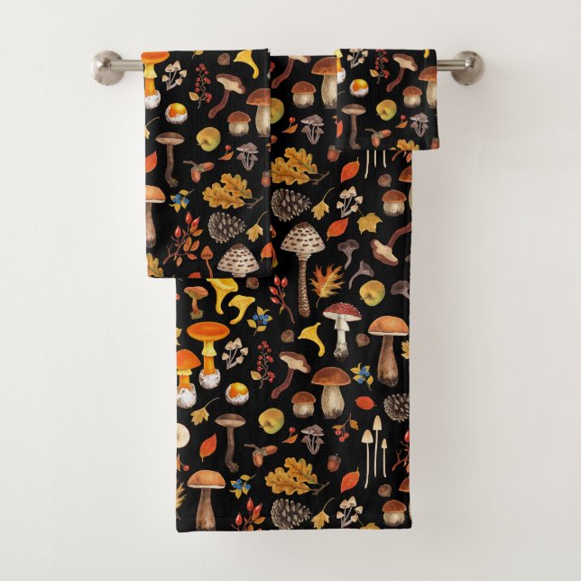Wild mushrooms on black bath towel set (Insitu)