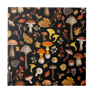 Wild mushrooms on black ceramic tile