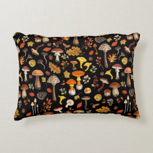 Wild mushrooms on black decorative cushion