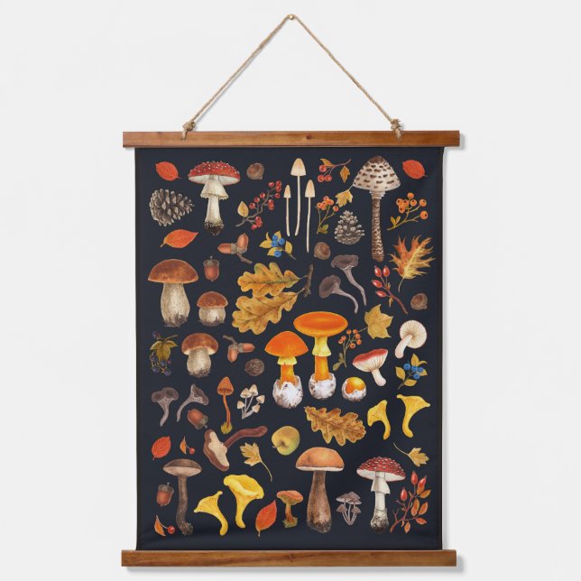 Wild mushrooms on black hanging tapestry (Front)