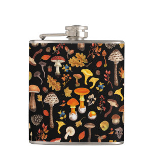Wild mushrooms on black hip flask