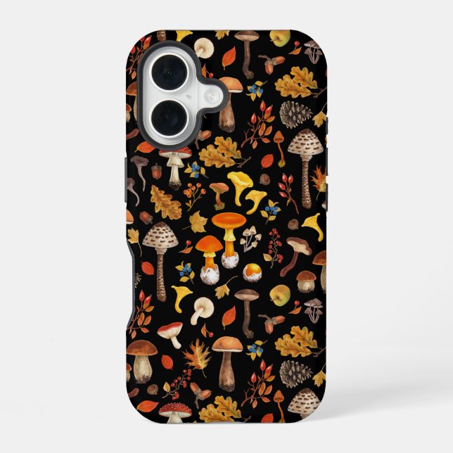 Wild mushrooms on black iPhone 16 case (Back)