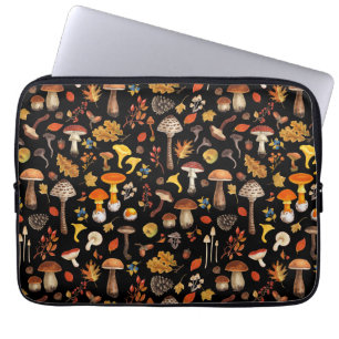 Wild mushrooms on black laptop sleeve